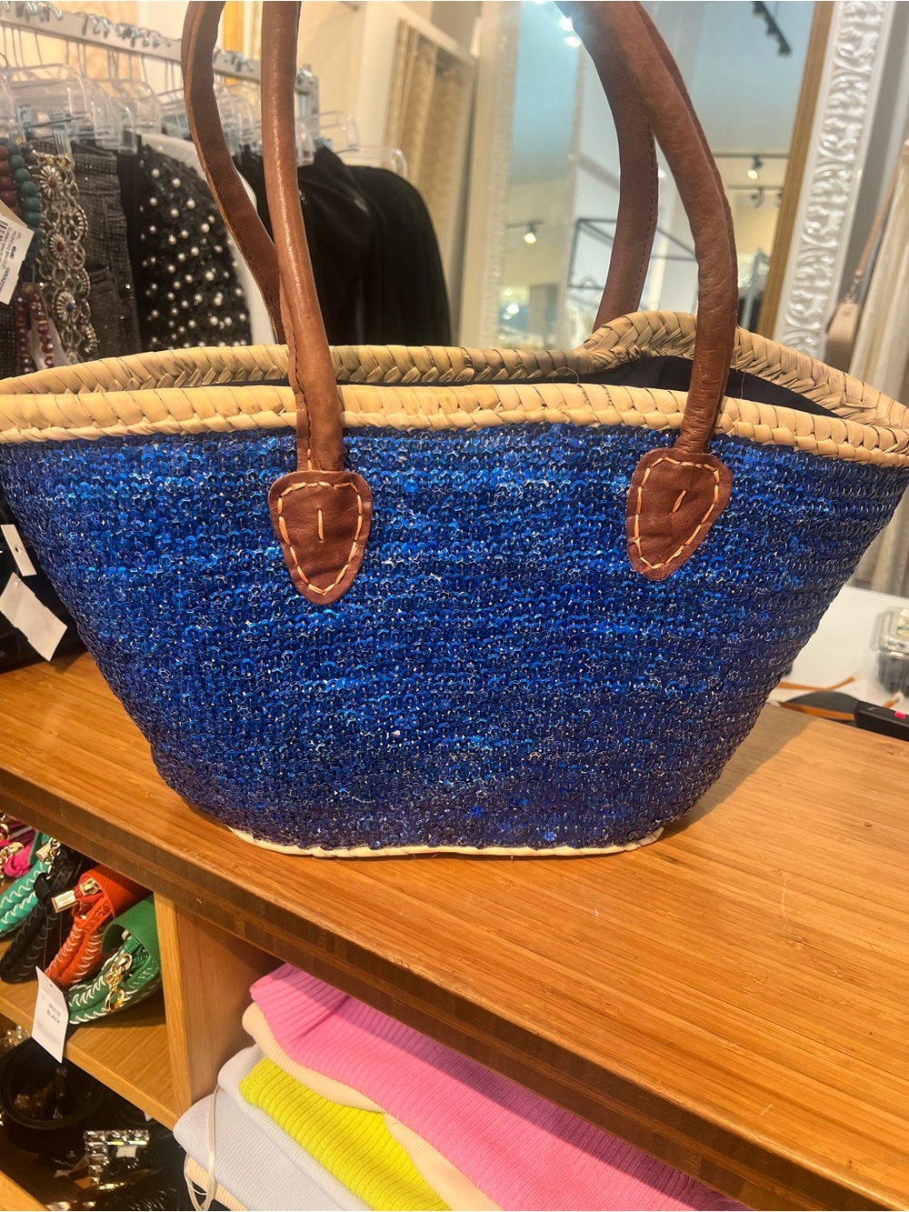 Woven Blue Straw Tote with Brown Leather Handles